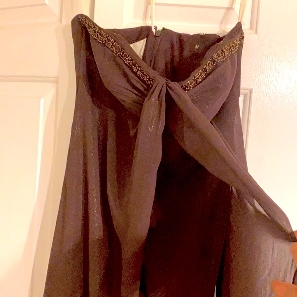 DAVID’s BRIDAL Shimmering off shoulder brown gown